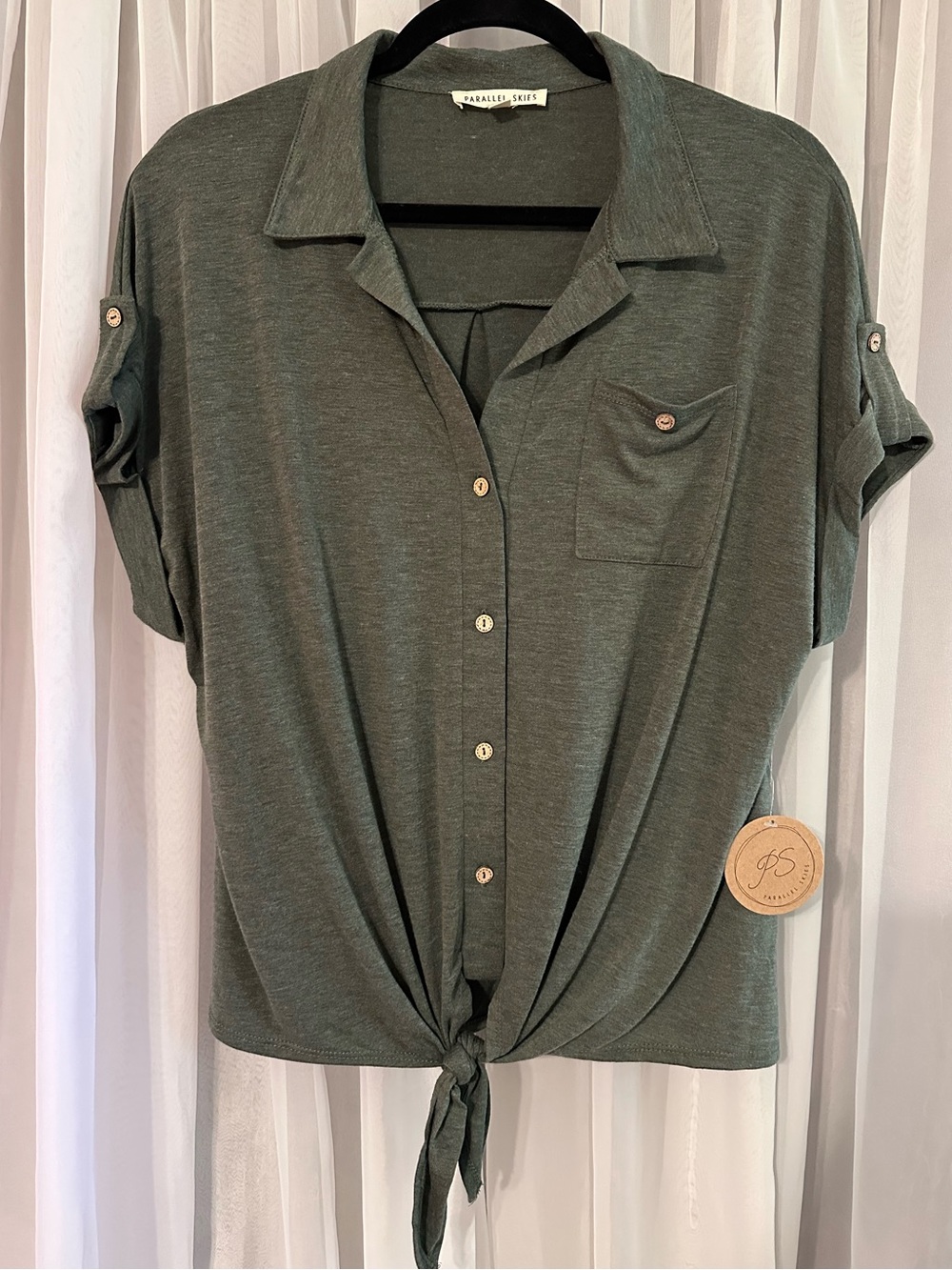 Parallel Skies Olive Green Button-Front Collared Tie Hem Top Size M